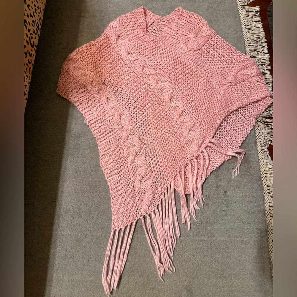 Pink Cable Knit Fringe Shawl Poncho One Size Boho Layering Wrap